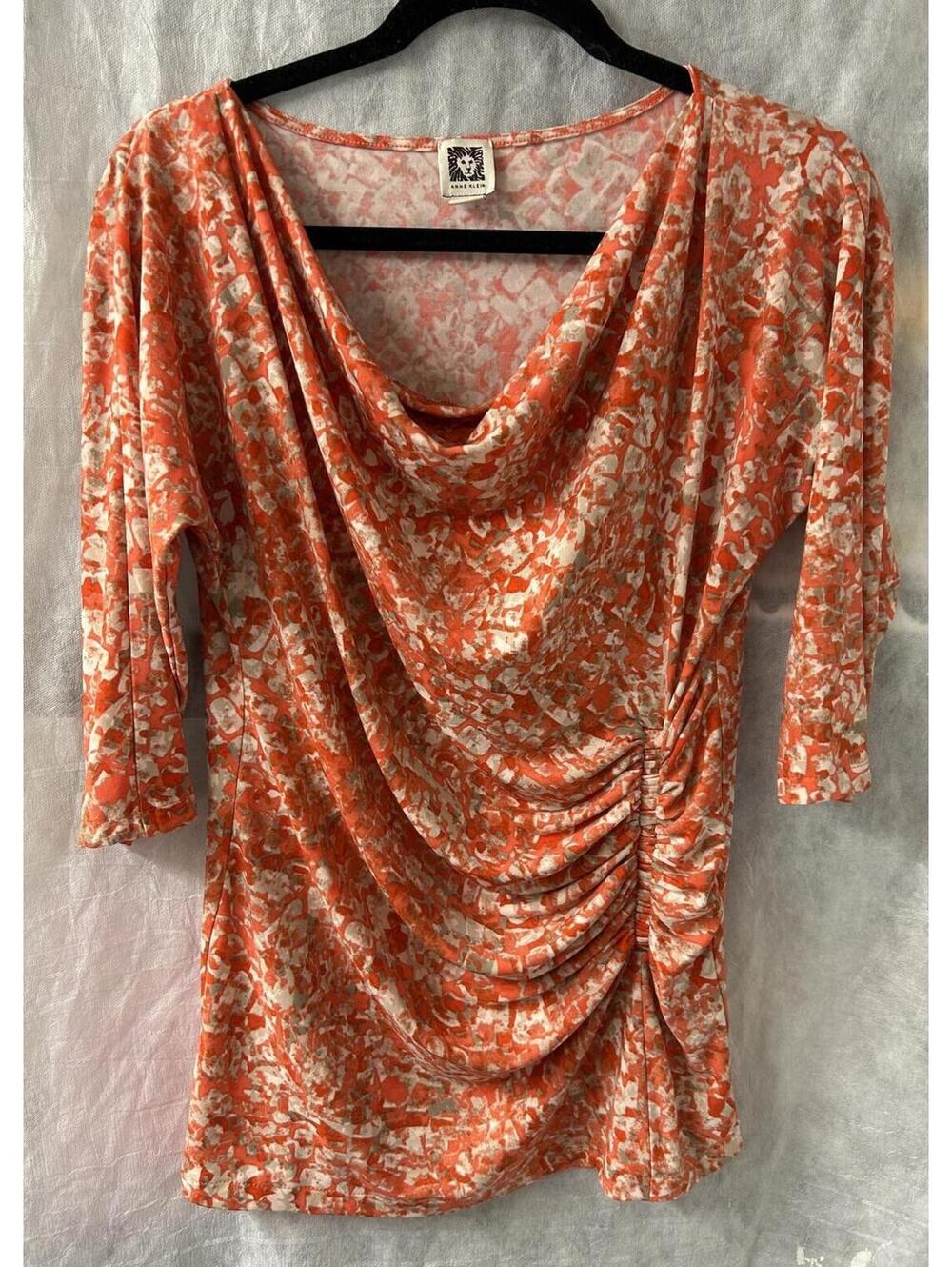 Anne Klein L Orange Beige Draped Cowl Neck 3/4 Sleeve Stretch Blouse